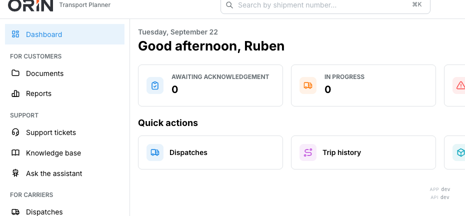 The carrier side of the portal: dispatches, trip history, fleet, drivers, working hours, rate agreements and invoices.