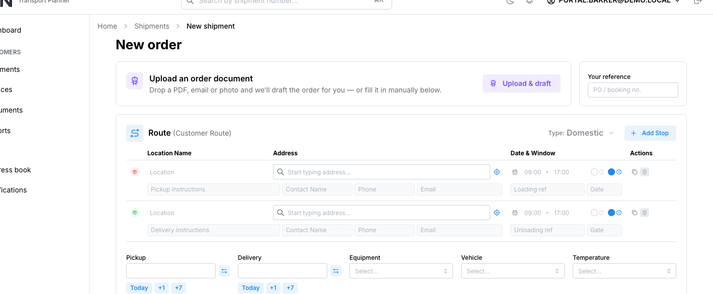 Placing an order in the portal: route, sender and consignee, and a document to upload.
